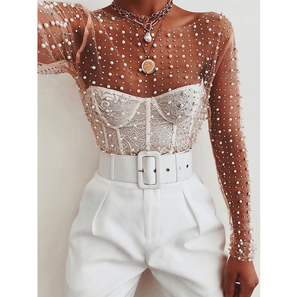 Sexy See Through T Shirt Women Mesh Patchwork Diamonds Pearl Slim T-Shirts Elegant Crop Tops Female 2024 Spring Clothes