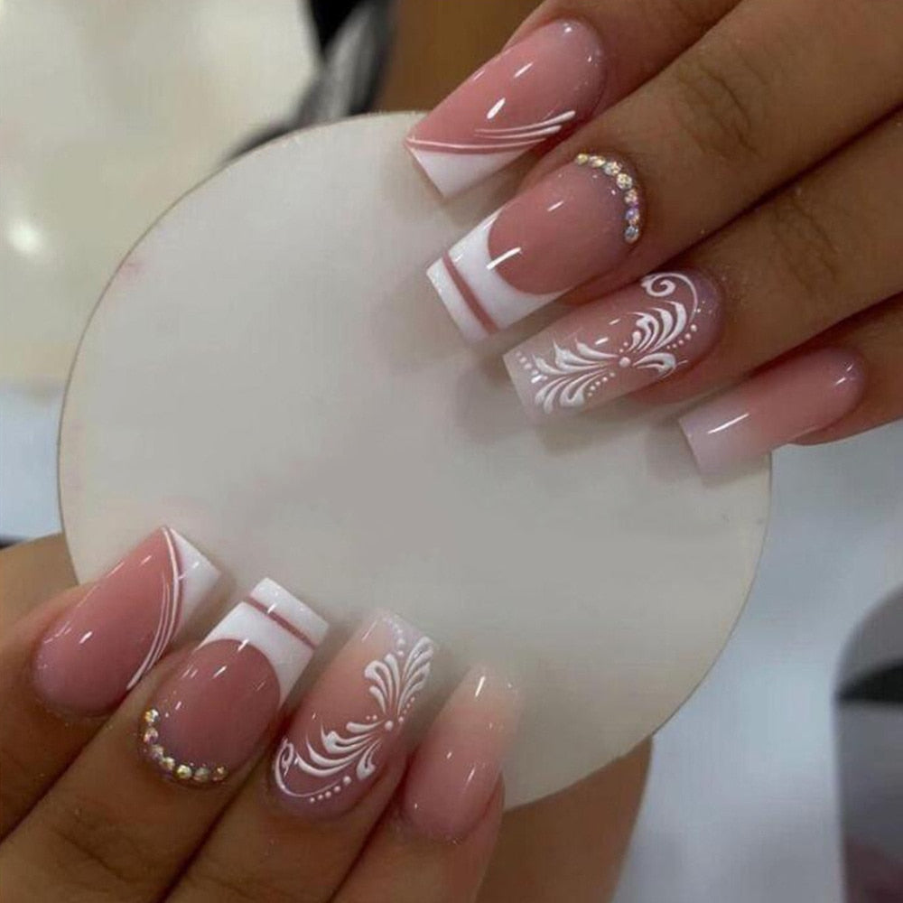 Trendy Rhinestones False Nail Tips With Print Designs Ballerina Manicure French White Fringe Coffin Fake Nails Set Press on Nail