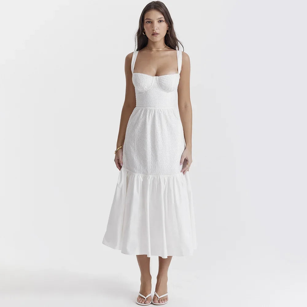 Women's Summer Dress Linen-cotton Blend Jacquard Dress Elegant Sexy Slip White Vacation Dress Midi Refer to size chart