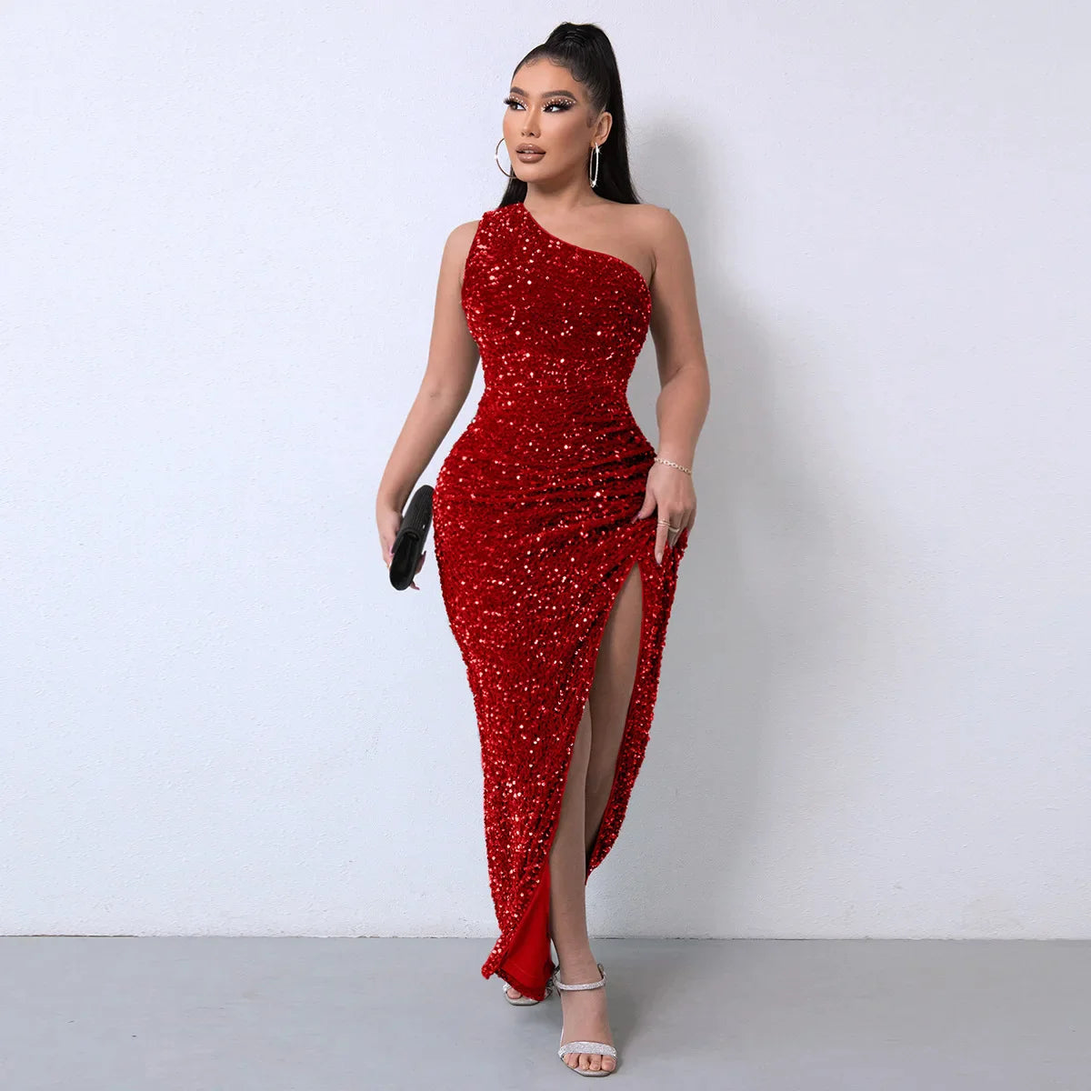 Party Dresses For Women Sexy Sequin Night Robe One Shoulder Sleeveless Bodycon Evening Maxi Dress Clothing Red