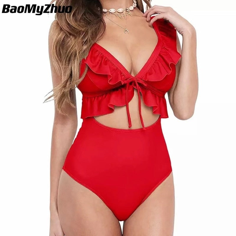 Sexy Ruffle One Piece Swimsuit - Plus Size Swimwear Female Monokini Bathers Bathing Suits Beachwear Swim Ladies Bikini Red