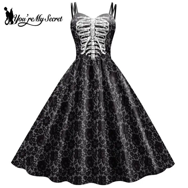 Fancy Skeleton Halloween Women Dress Girl Carnival Party Dresses Female Goth Horror Costume Rockabilly Dress