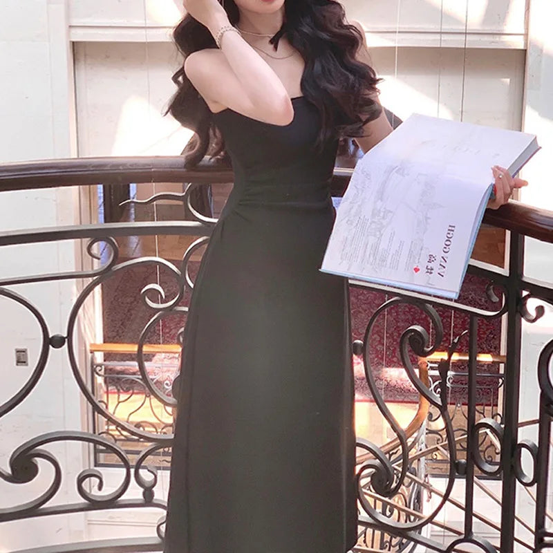 Summer Evening Party White Midi Dress Office Lady Slim Sexy Sleeveless Strap Dress Beach Style Women One Piece Dress Korean DD03701