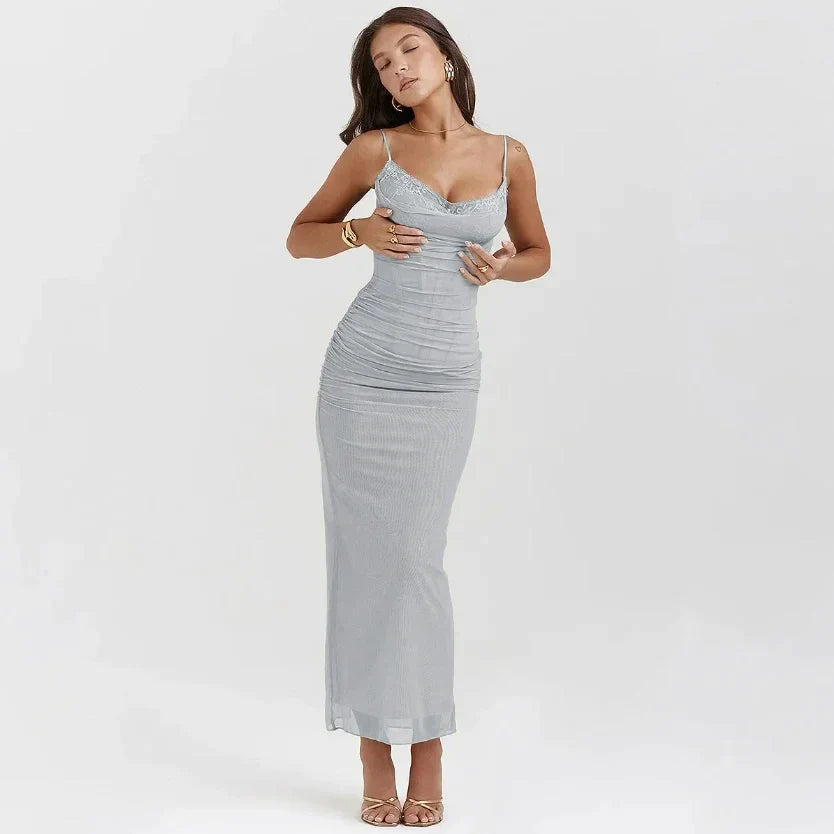 Summer Mesh Maxi Dresses for Women Rose Spaghetti Strap Bodycon Dress Elegant Formal Occasion Dress Female gray perfect fit