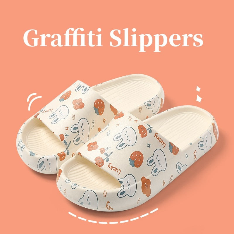 Solid Bear Slippers Cartoon Graffiti Shoes Women Summer Flip-Flops Beach Sandals Thick Platform Soft Cozy Casual Home Slippers