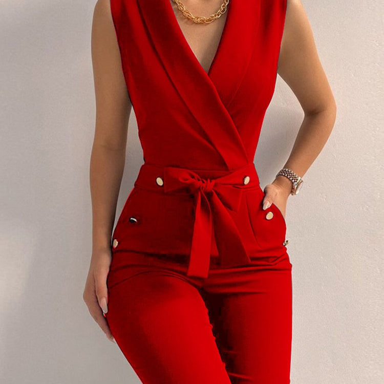 Women Casual V Neck Jumpsuits Button Lace Up Sleeveless Wide Leg Pants Streetwear Overalls
