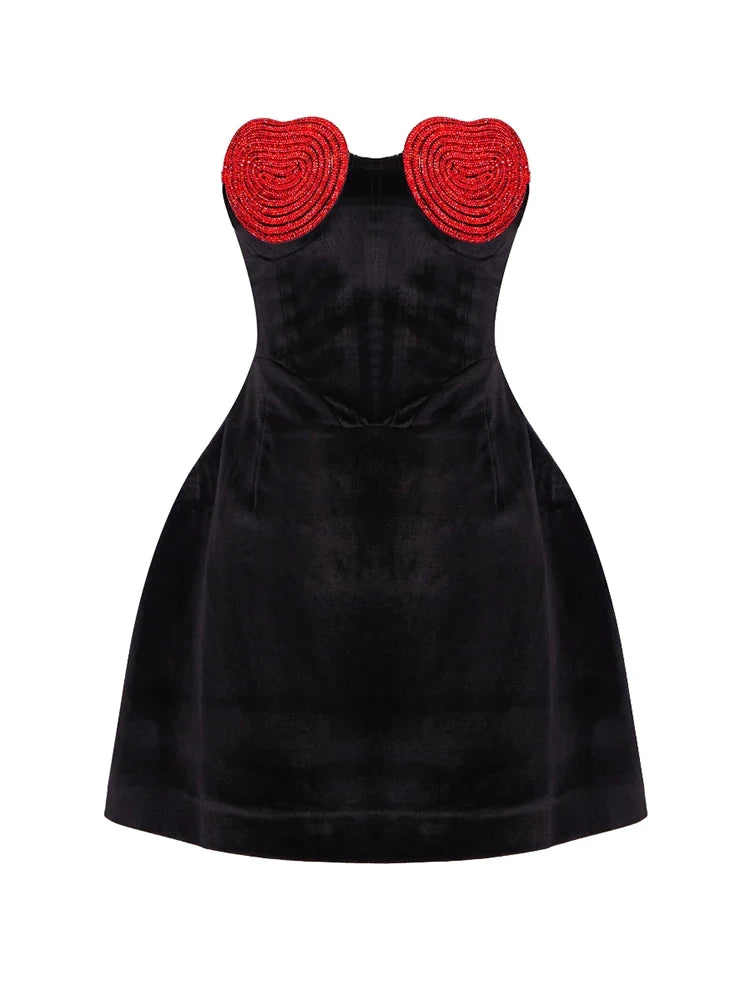 Sexy Strapless Heart Shape Crystal Design Mini Dress Women Black Velet Red Heart Diamond Design A-line Dress Evening Party Club Black