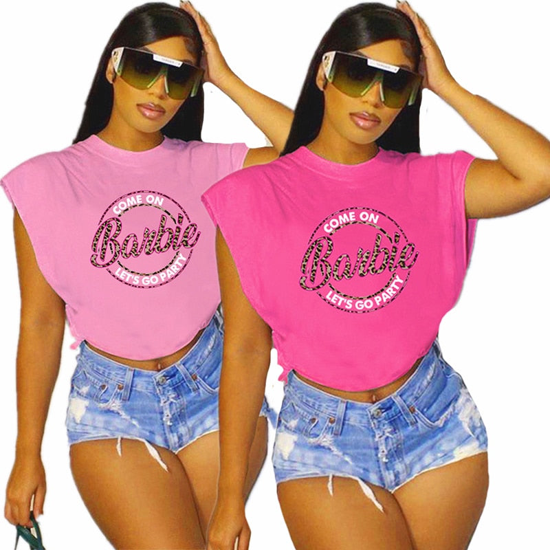 Summer Fashion Barbie Women T-Shirt Tops Kawaii Cartoon Anime Girls Loose Sleeveless Tees Sports Casual Sexy Short Sleeves Tops