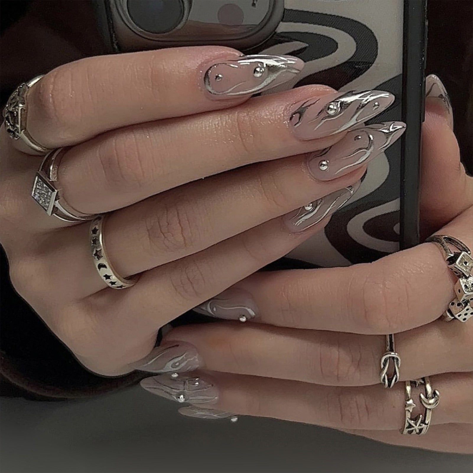 Wearable Silver Stripes Y2k False Nails Long Almond Round Fashion Nail Tips Press On With Silver Beads Designs Fake Nails Art style 1