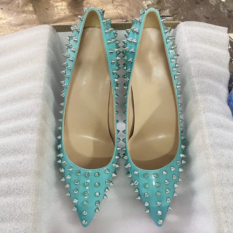 Shiny Spikes Women Patent Pink Pointy Toe Sexy High Heel Party Shoes Rivets Studs Ladies Slip On Stiletto Pumps 8-12cm Green 8cm Heel