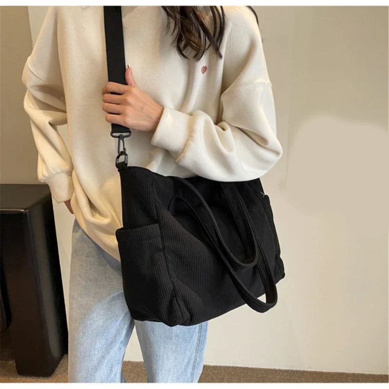 Women's Handbag Corduroy Shopper Shoulder Bag Casual Large Capacity Crossbody Bags College Student Bookbag Laptop Tote Bag