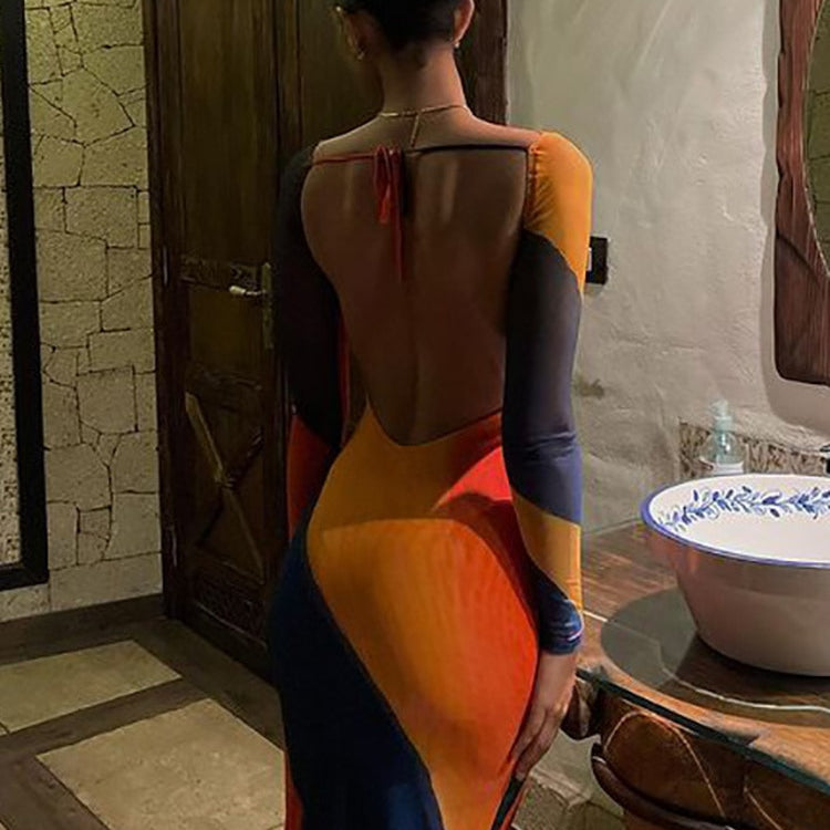 Sexy Backless Maxi Dress Fashion Print Long Sleeve Bodycon Party Dress Beach Outfits 2022 New Summer Evening Club Dress