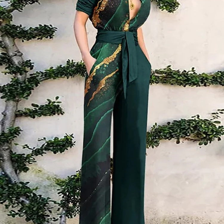 Print Jumpsuit Women Autumn and Spring 2024 New Fashion Long Sleeve Lapel Loose Casual Elegance Green Jumpsuits