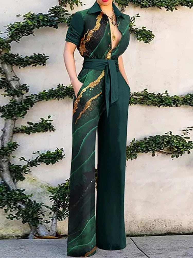 Print Jumpsuit Women Autumn and Spring 2024 New Fashion Long Sleeve Lapel Loose Casual Elegance Green Jumpsuits