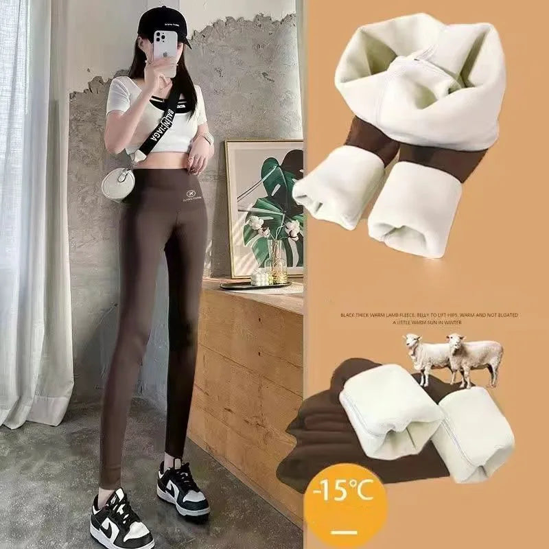 Women Winter Leggings Plush Up Thermal Waist Lamb Fleece Tight Warm Trousers Casual Cashmere Pants for Women High Waist coffee Plush