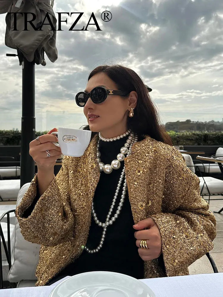 TRAFZA Woman Button Long Sleeve Jacket With Pockets Autumn Chic Outwear Women Sequin Shinny Gold Coat Fashion Streetwear Elegant