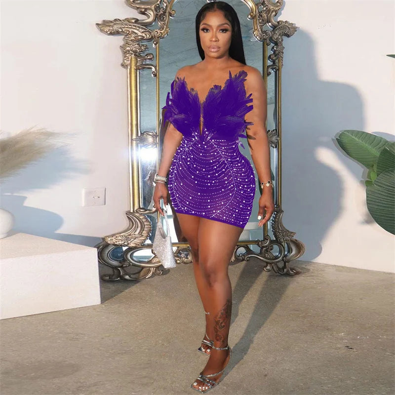 Sexy Club Party Night Feathers Rhinestones Birthday Dresses for Woman Elegant Backless Diamond Sheer Mesh Bodycon Dress Vestidos PURPLE