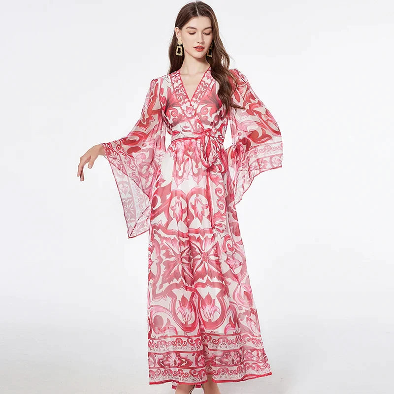 Fashion runway blue white porcelain floral maxi dress for women's summer autumn long sleeve flower printing dresses lady Red