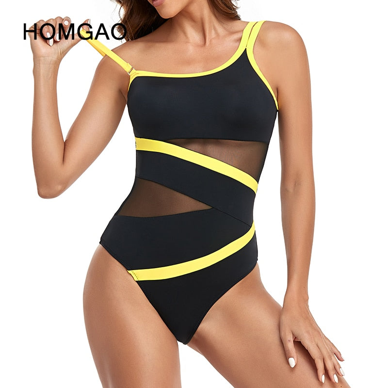 Sexy Mesh One-Piece Swimwear - One Shoulder Swimsuit Bodysuit Beachwear Brazilian Bathing Suits Summer Monokini
