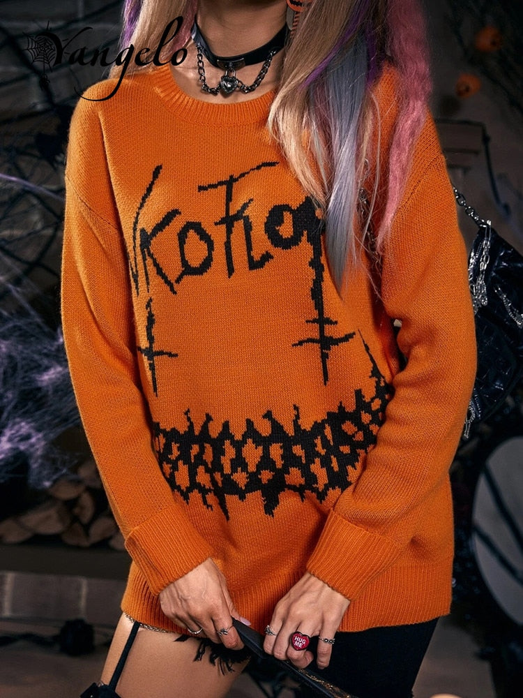 Yangelo Halloween gothique lettre motif tricoté pull Punk rue rétro basique femmes automne hiver chaud pull ample