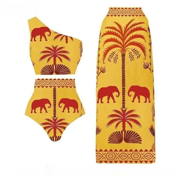 Europe and the United States new swimsuit retro printed mesh pants bikini conservative women's swimsuit Gold