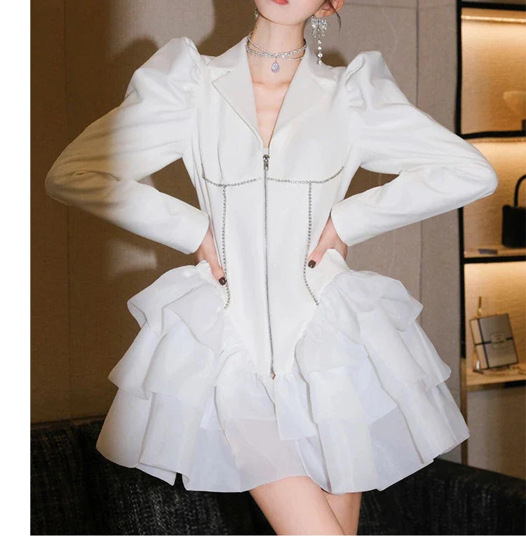 Spring Luxury diamond Suit Blazers Women medium long fashion suit skirt bow long sleeve suit Blazers Cool silver suit 20 colors 9409 White 1
