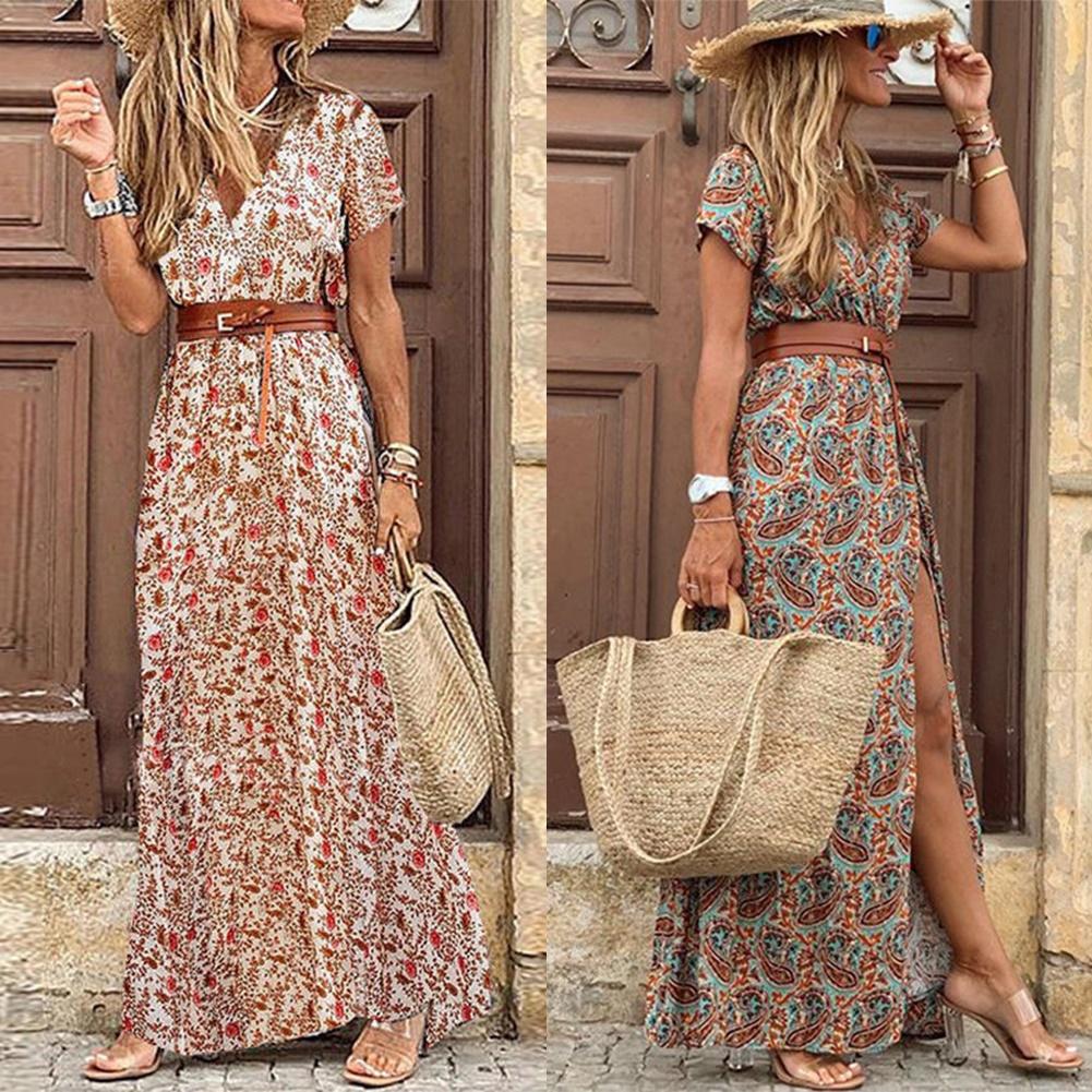 Women Boho Long Dress Fashion Paisley Print V Neck Short Sleeve Dresses Summer Belt Large Hem Beach Dress Elegant Slit Skirt