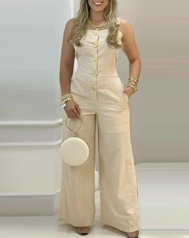 Women's Jumpsuit 2024 Spring Fashion Wide Leg Buttoned Casual Square Neck Plain Sleeveless Pocket Design Long Suspender Jumpsuit