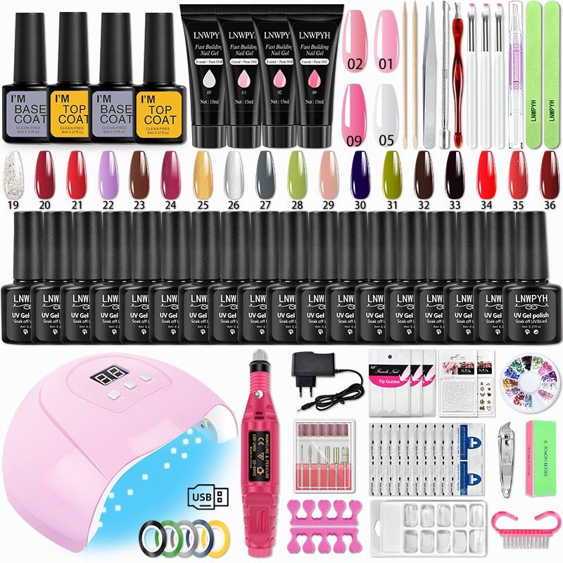 Varnish Nail Set Acrylic Nail Kit For Nail Extensions Gel Nail Polish Set With UV Nail Lamp Electric Nail Drill Manicure Tools S077-X4-(19-36)