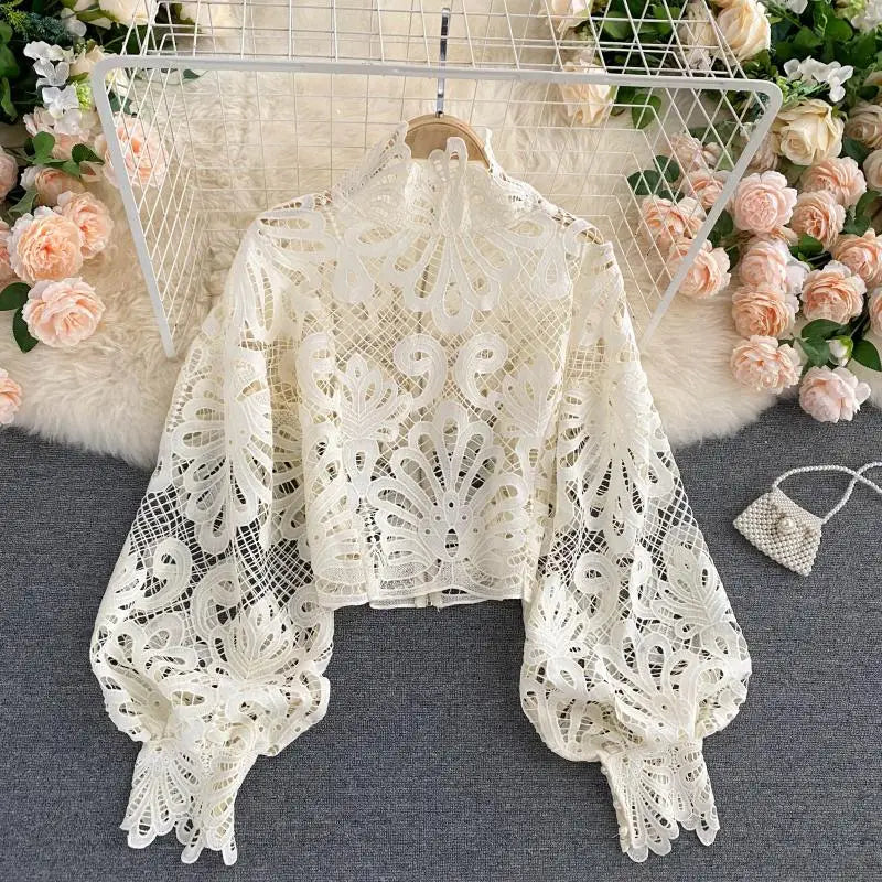 Sexy Lace Hollow Out Short Blouse Casual Lantern Long Sleeve Stand Collar Shirts Female Elegant Red/Pink/White Loose Tops Beige One Size