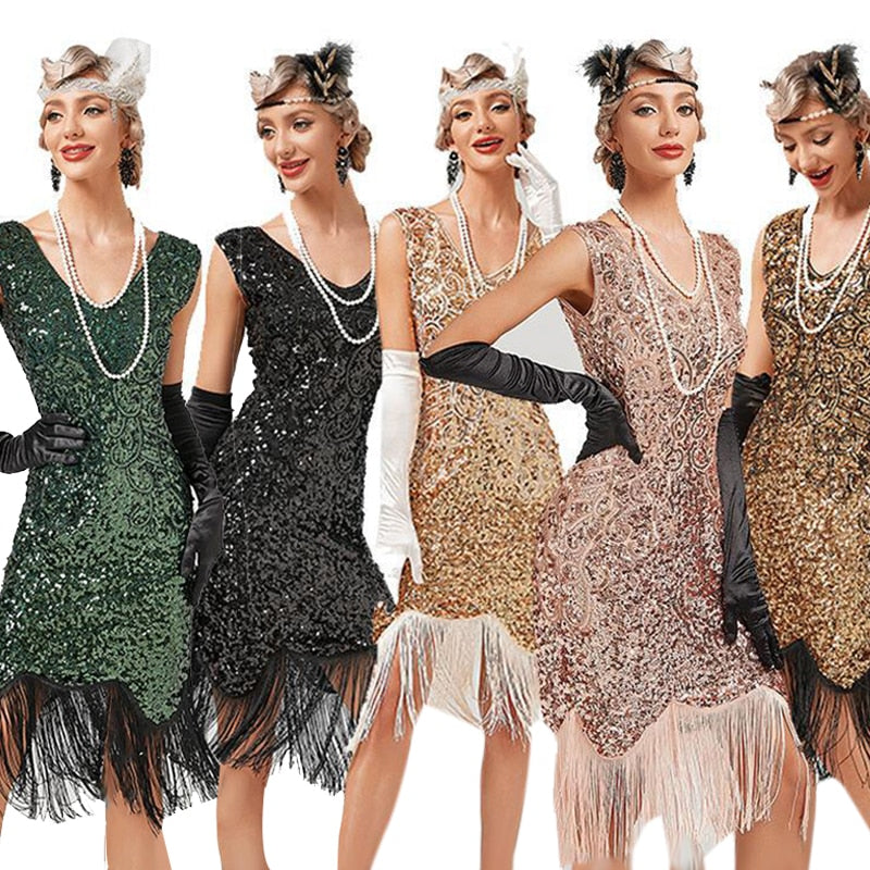 Robe Vintage à franges pour femmes, tenue d'été des années 1920, à franges, pour bal de fin d'année, fête de mariage, paillettes perlées, col rond, Costume des années 30