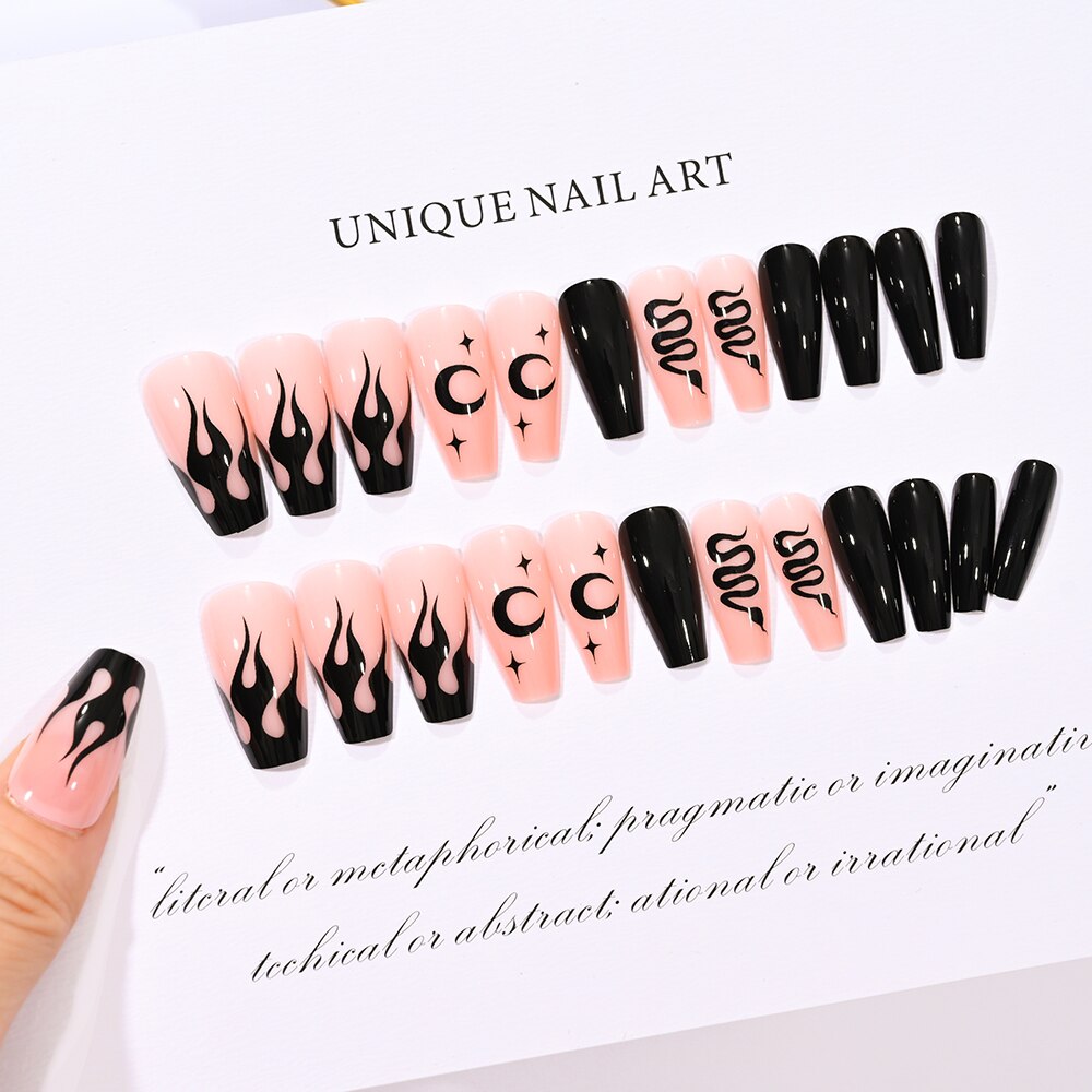 Press on Nails Halloween Medium Length Coffin Black Fake Nails Scary Mask Face Nail Tips Halloween Design 3D Glossy Acylic Nails TD146-CY258