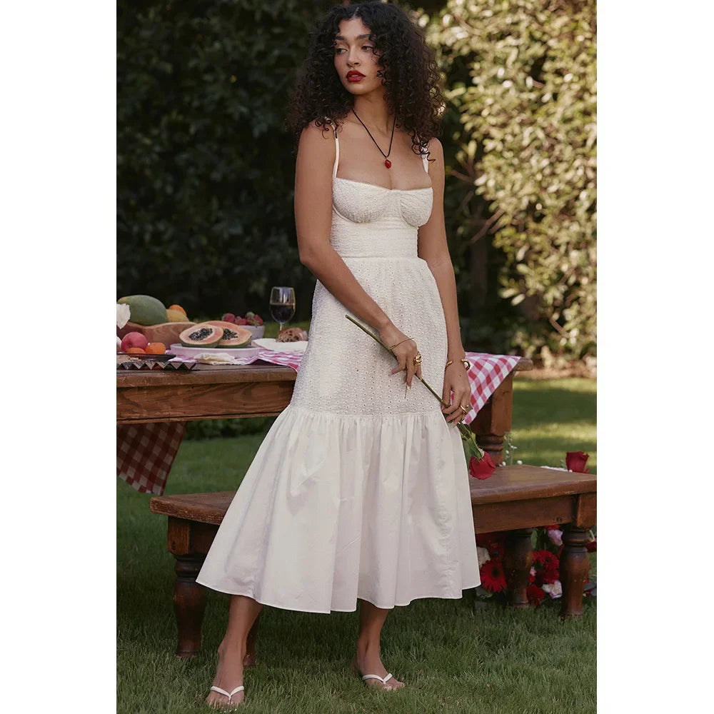 Women's Summer Dress Linen-cotton Blend Jacquard Dress Elegant Sexy Slip White Vacation Dress Midi