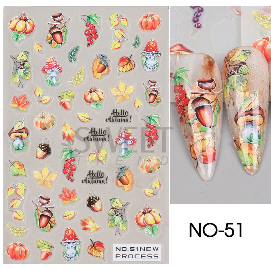Snow Bird Winter Autumn Nail Art Stickers Maple Leaf Cotton Flower Fall Design Line Adhesive Sliders Manicure Decoration JINO-48 NO-51