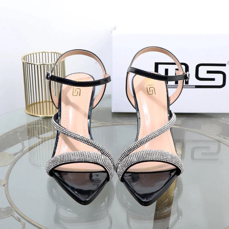 Luxury elegant green shoes summer new high heels fashion Joker fashion fairy sandals Rhinestone buckle with women's shoes
