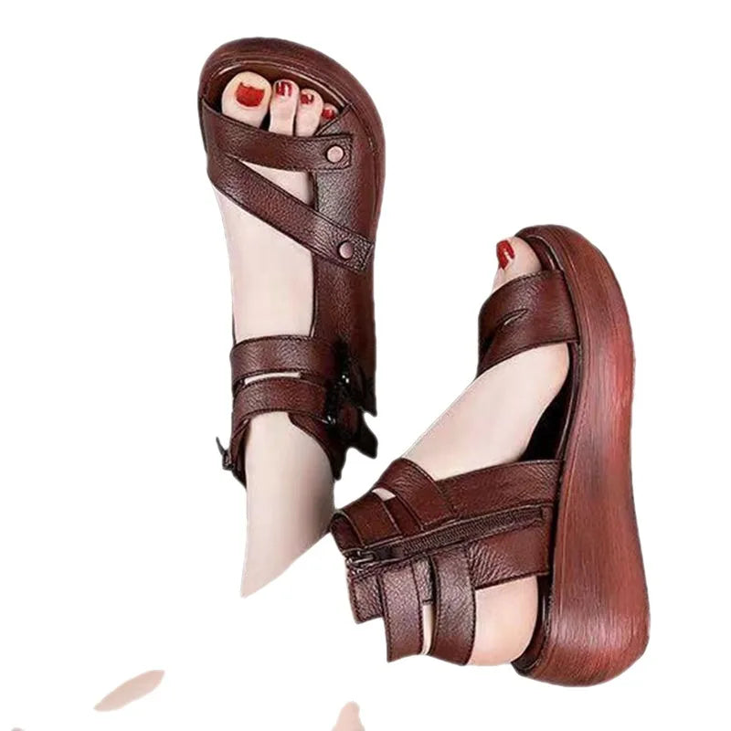 Women's High Heel Roman Shoes Summer Fashion Shoes High Top Soft Leather Slope Heel Cool Boots Thick Sole Sandals Woman