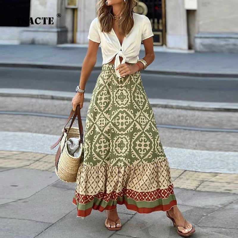 Women's Fashion Skirt 2024 Summer New Commute Geometric Pattern Printing Ruffle Sleeve Loose Stitching Large Swing Women’s Skirt