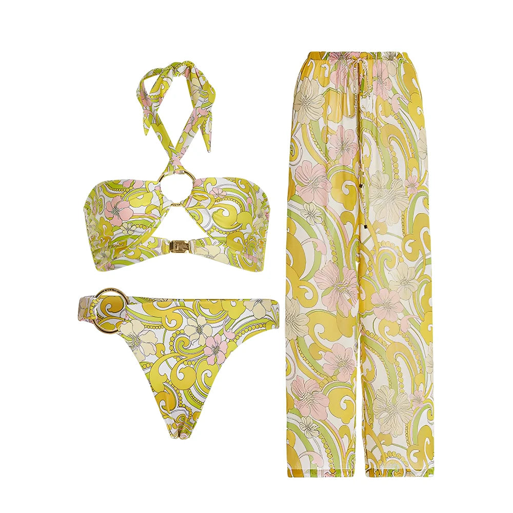 Yellow Printed Patchwork Swimsuit Women Three-Piece Swimwear High Waist Slim Fit Strap Bikini Sexy Fashion Beachwear Backless