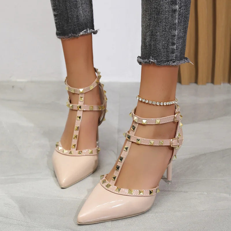 Summer High-heeled Women's Sandals Fashion Brand Design Pointed Rivet Red Casual Shoes Large Size 41-43