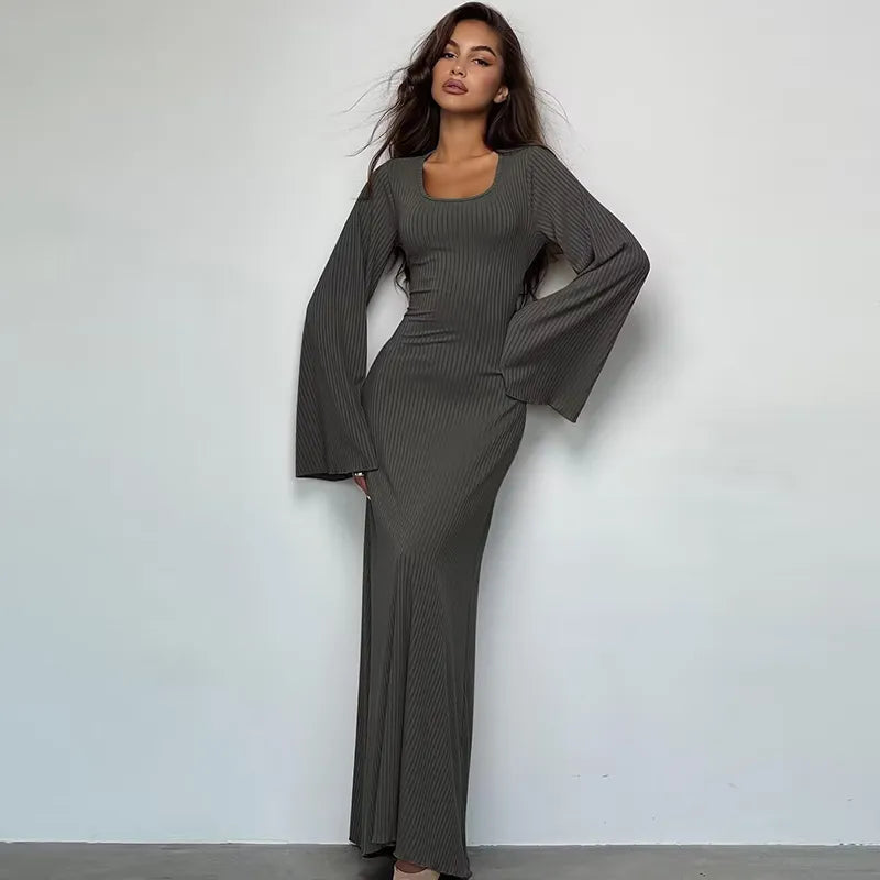 Solid Ribbed Trumpet Sleeves Maxi Dress Back Lace-Up Straps Elegant Casual 2023 Autumn Winter For Women Birthday Dark Grey