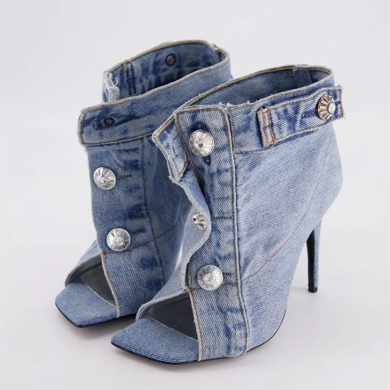 Women's Summer European and American Vintage Denim Slim High Heel Button Sandals Fashion New Open Teeth Large Size Sandals