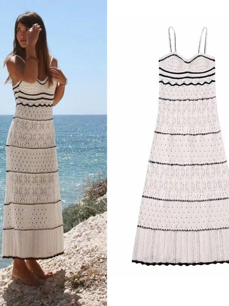 Summer New Dress - Beach Style Knitted Slim Fit Slim Strap Long Dresses Color Knitted Hollow Elegant Tight Vestidos