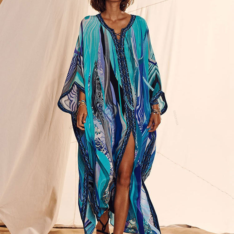 Quick-drying Bohemian Summer Beach Dress Swim Wear Cover Up Tunic Sexy Robe Kaftan Purple One Size