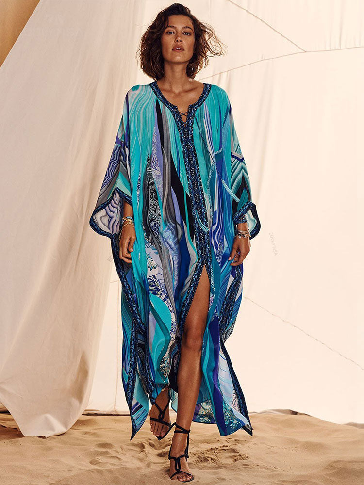 Quick-drying Bohemian Summer Beach Dress Swim Wear Cover Up Tunic Sexy Robe Kaftan Purple One Size