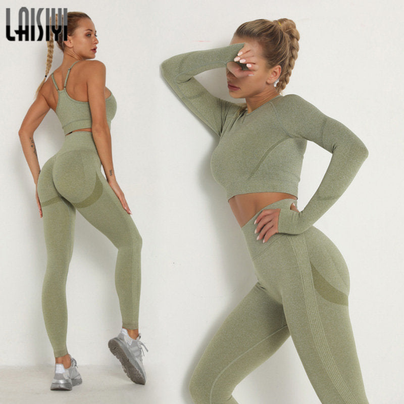 Women's Sets Skinny Tracksuit Breathable Bra Long Sleeve Top Seamless Outfits High Waist Push Up Leggings Gym Clothes Sport Suit