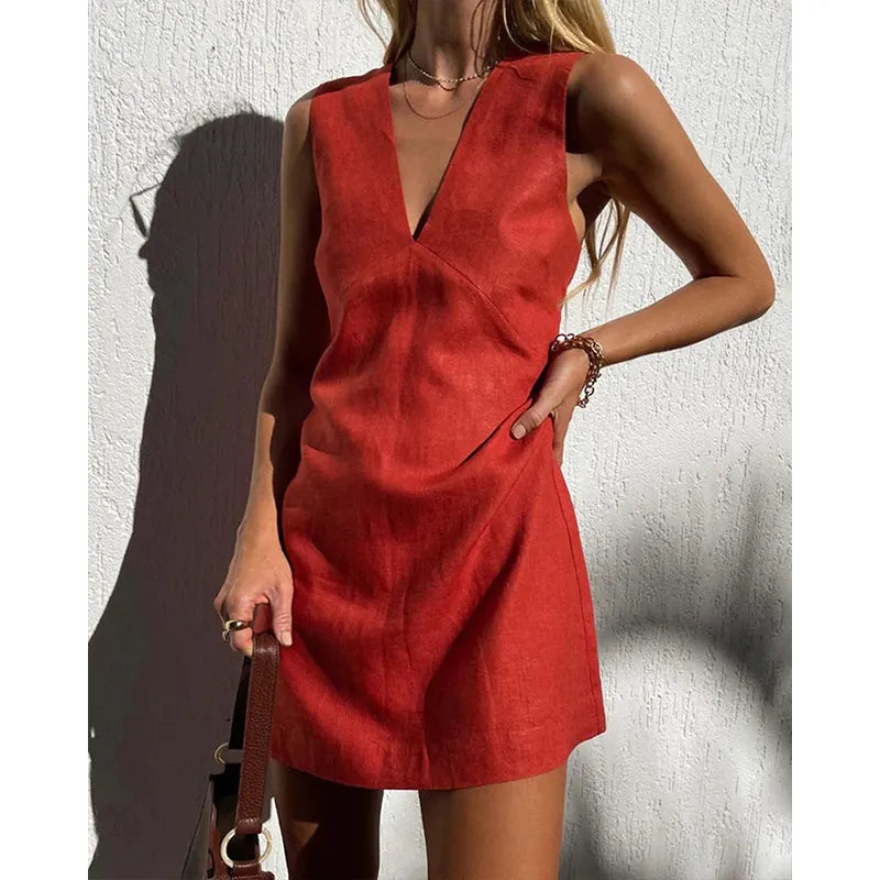 Cotton Linen Womens Dresses Sexy V-Neck Sleeveless Basic Tank Dress Chic Elegant Ladies Dresses Summer Sale Vestidos Para Mujer red