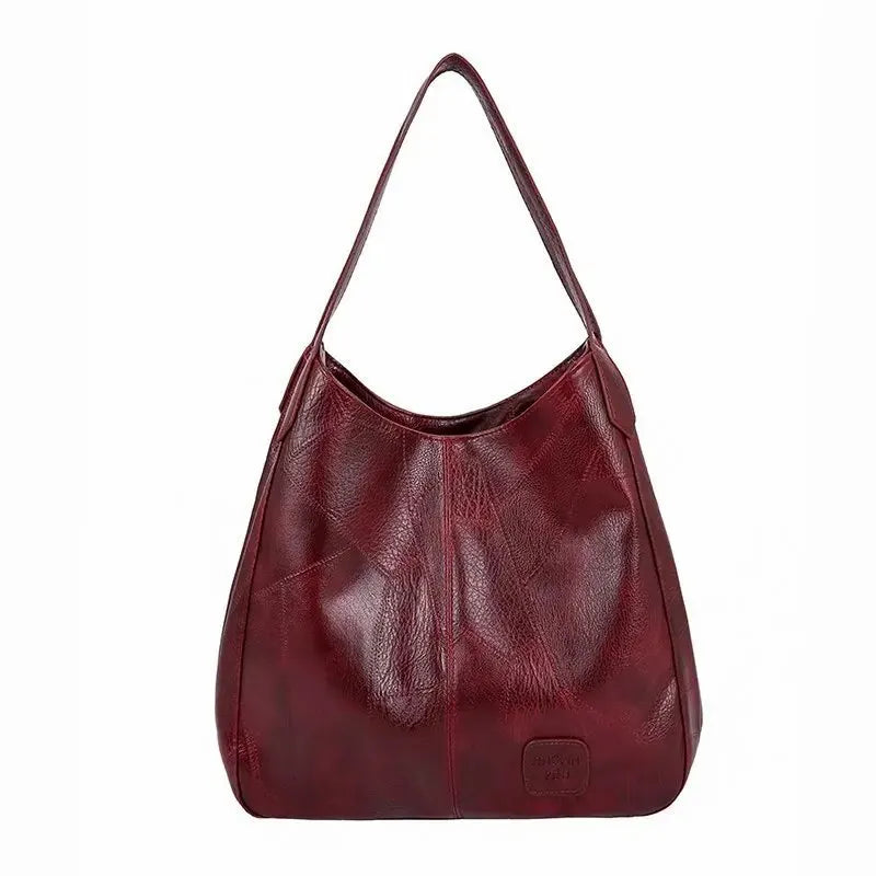 Vintage Women's Bag Leather Large Capacity Marble Grain Women's Shoulder Bag Daily Commuter Handbag (30cm<Max Length<50cm) Wine Red