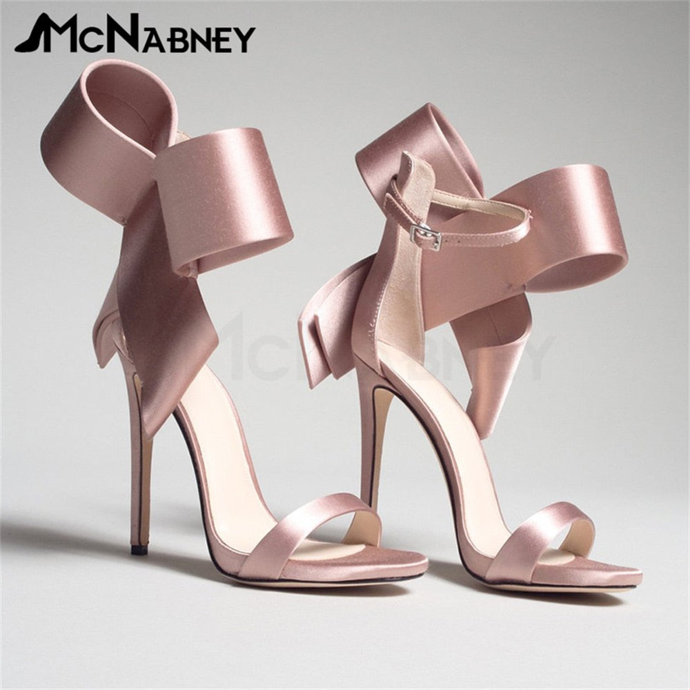 Satin Butterfly Knot High Heels Stiletto Pointed Toe Sandals Luxury Style Shoes Fashion High Heels Shiny Rhinestone Sandals Satin-Pink