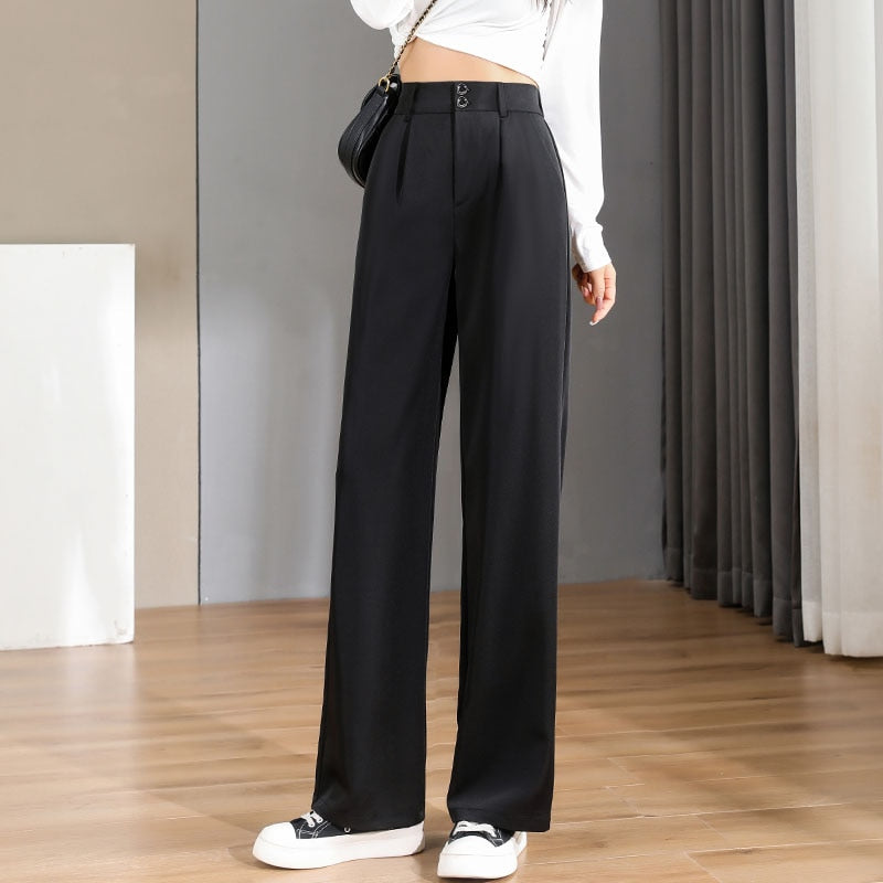 Women'S New High Waist Draping Loose Casual Straight Leg Floor Length Trousers Class Professional Wide Pants