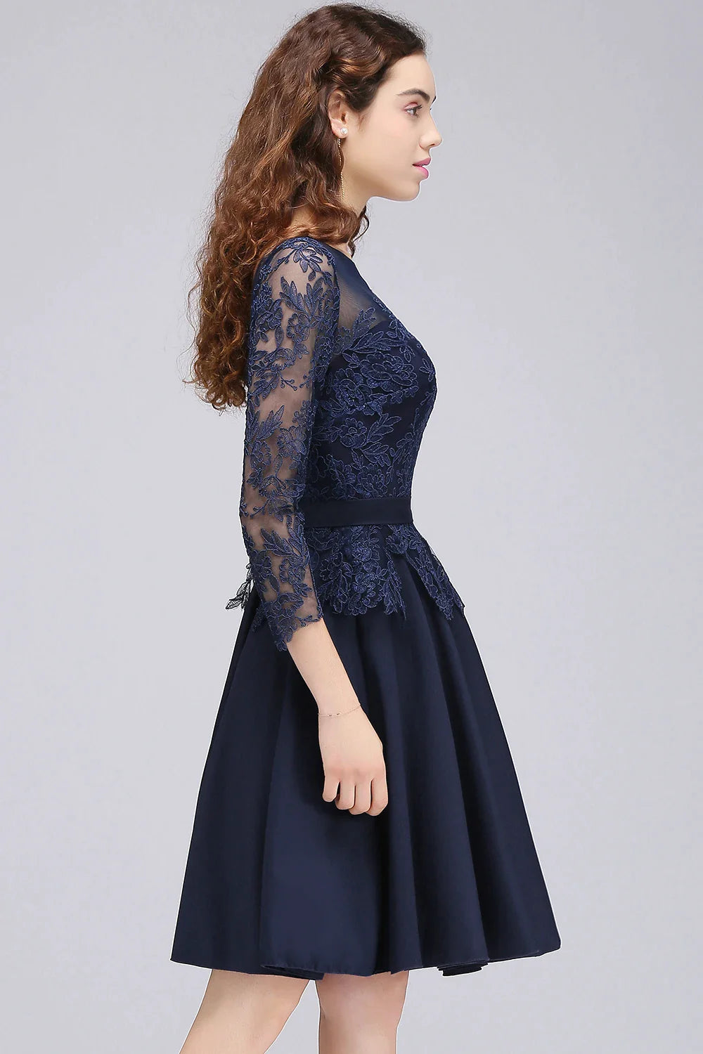 A-line Scoop Long Sleeves Lace Homecoming Dress Chiffon A Line Skirt Short Knee-Length Formal Party Gown Prom
